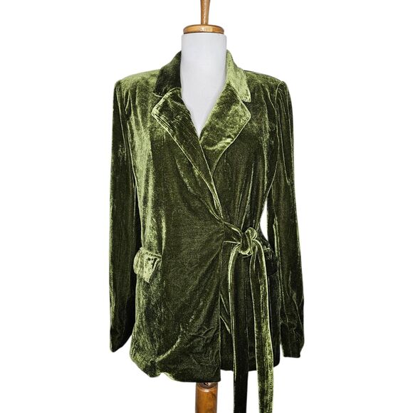 Nasty Gal Olive Green Velvet Blazer Jacket Side Tie Whimsigoth Y2K Festive Sz 2 - Picture 1 of 15